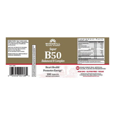 Windmill Super B-50 Balanced B-Complex Dietary Supplement Tablets - 100 Ea