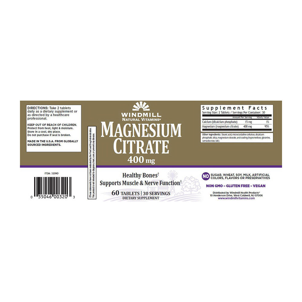 Windmill Natural Vitamins Magnesium Citrate 400mg Tablets, 60 Ea