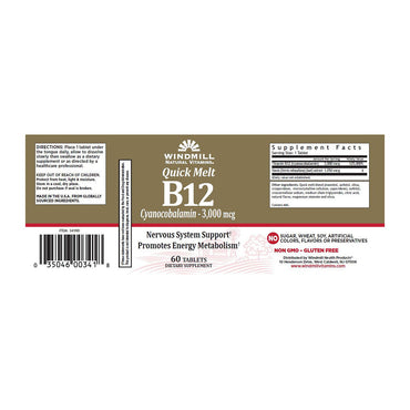 Windmill Quick Melt Vitamin B-12 3000 Mcg Dietary Supplement Tablets - 60 Ea