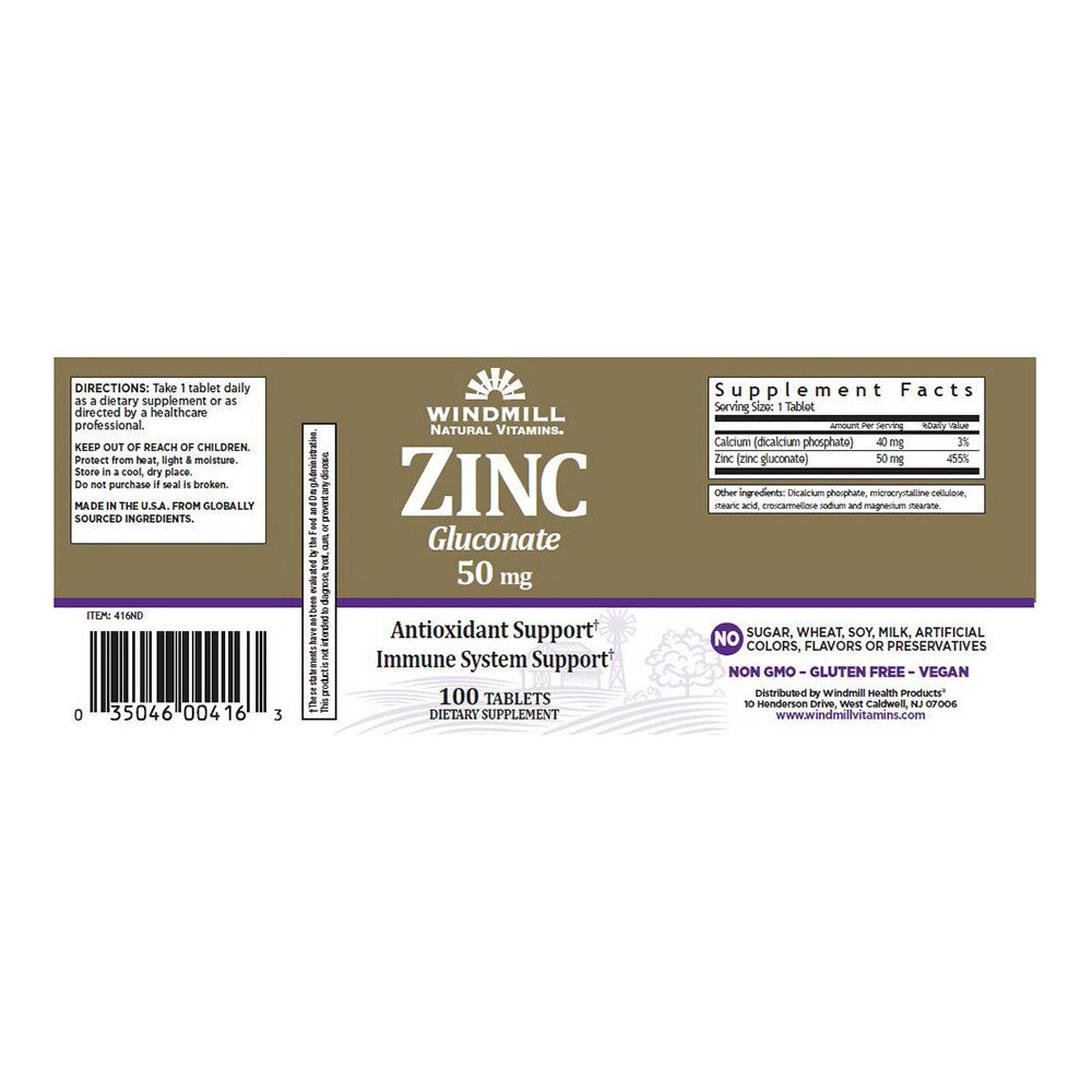 Windmill Natural Source Zinc As Gluconate 50 Mg Tablets, 100 Ea