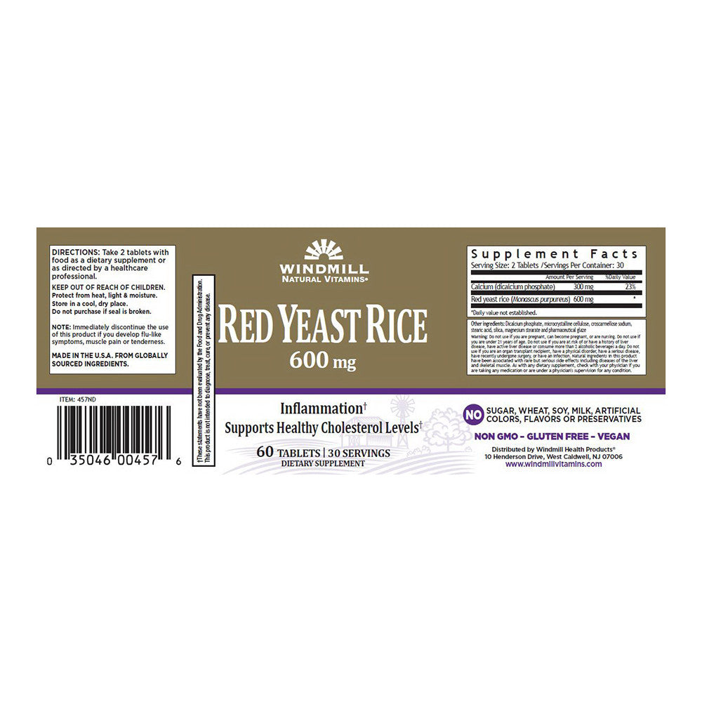 Windmill Red Yeast Rice 600 Mg Dietary Supplement Tablets - 60 Ea