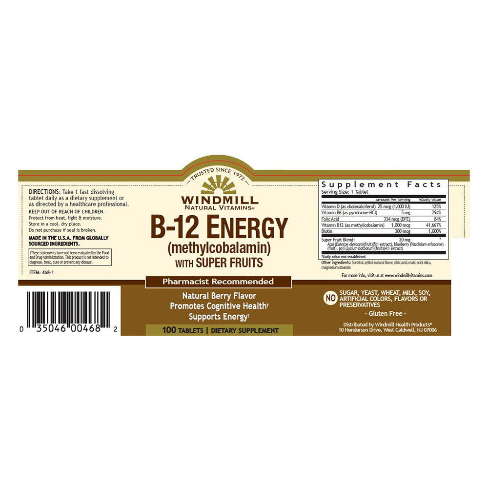 Windmill Natural Vitamins Vitamin B 12 Energy with Super Fruits Tablets, 100 Ea