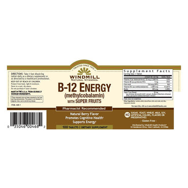 Windmill Natural Vitamins Vitamin B 12 Energy with Super Fruits Tablets, 100 Ea