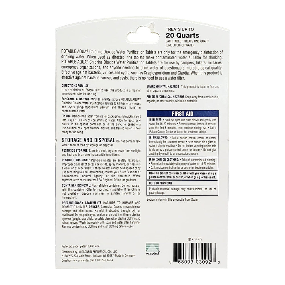 Potable Aqua Chlorine Dioxide Water Purification Tablets - 20 Ea