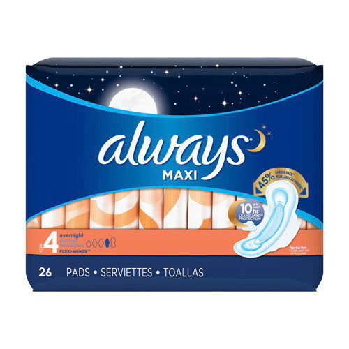 Always Maxi Size 4 Overnight Pads with Wings, Unscented, 26 Ea