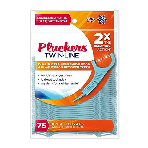 Plackers Twin-Line Dental Flossers, Cool Mint Flavor, 75 Ea