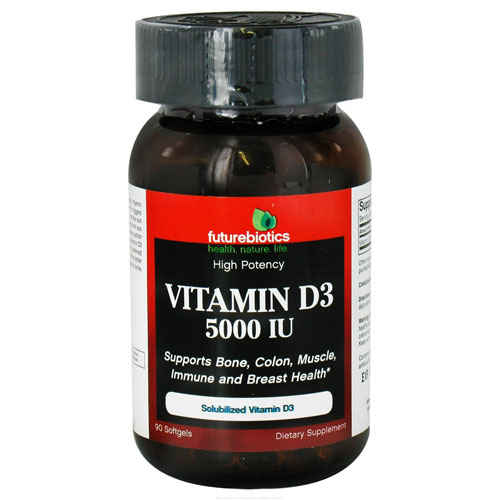 Futurebiotics Solubilized High Potency Vitamin D3 5000 IU Softgels Support Bone and Immune 90Ea