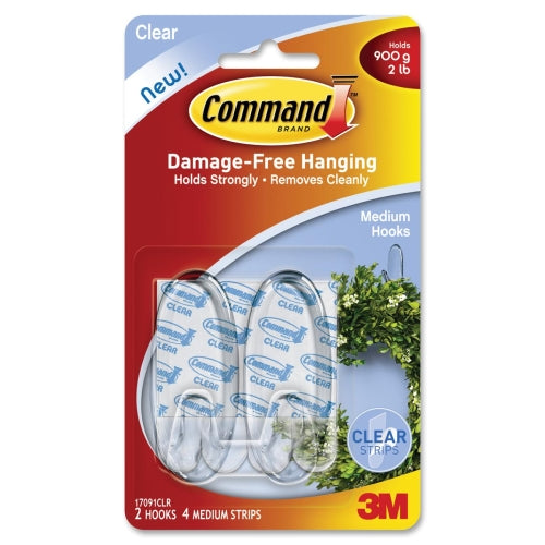 3M Command Medium Wire Hooks With Clear Strips, 2 Hooks 4 strips/1 pack