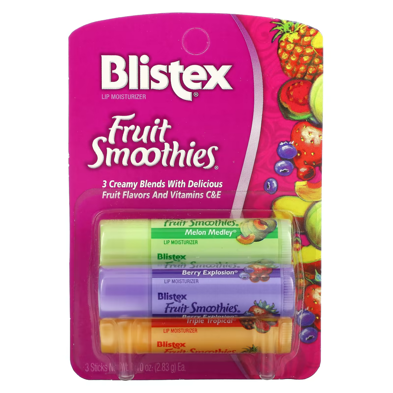 Blistex Fruit Smoothies Lip Moisturizers 3 Creamy Sticks Pack, 0.10 Oz, 3 Ea
