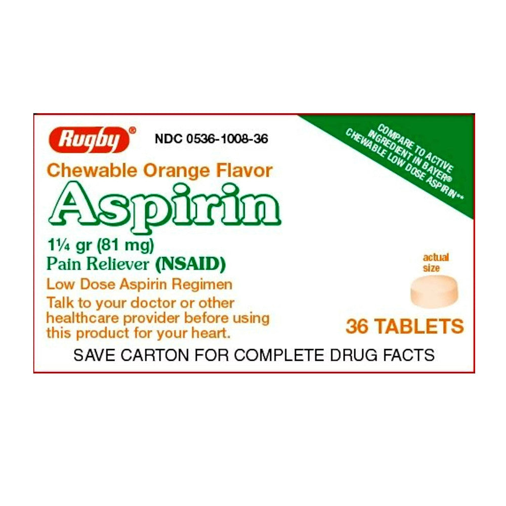 Rugby Aspirin 81 Mg Pain Reliever Chewable Tablets with Orange Flavor, 36 Ea