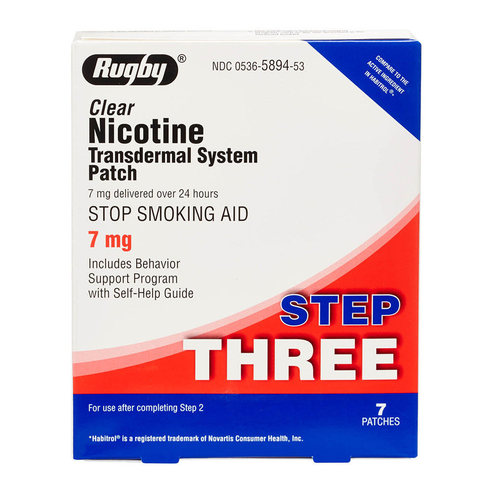 Rugby Step 3 Clear Nicotine Transdermal System 7 mg, Stop Smoking Aid Patches, 7 Ea