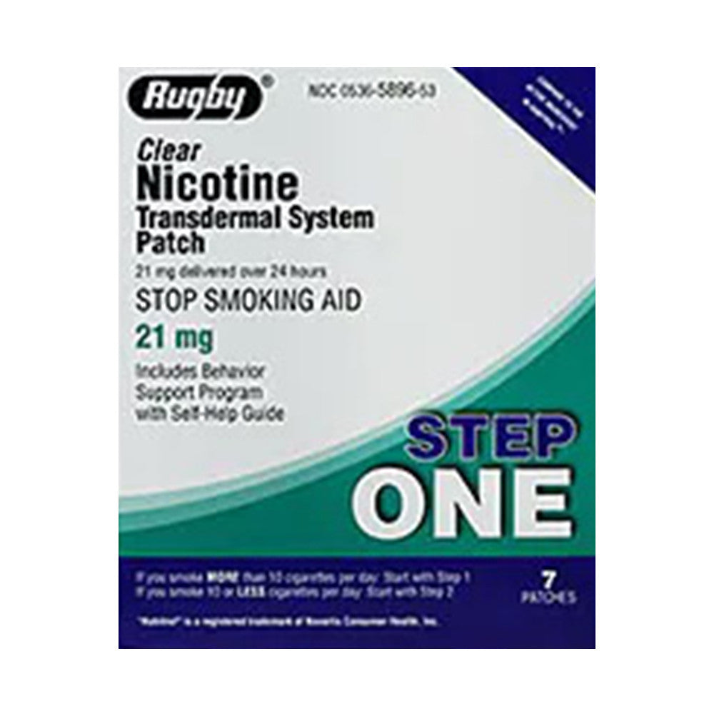Rugby Step 1 Clear Nicotine Transdermal System 21 mg, Stop Smoking Aid Patches, 7 Ea