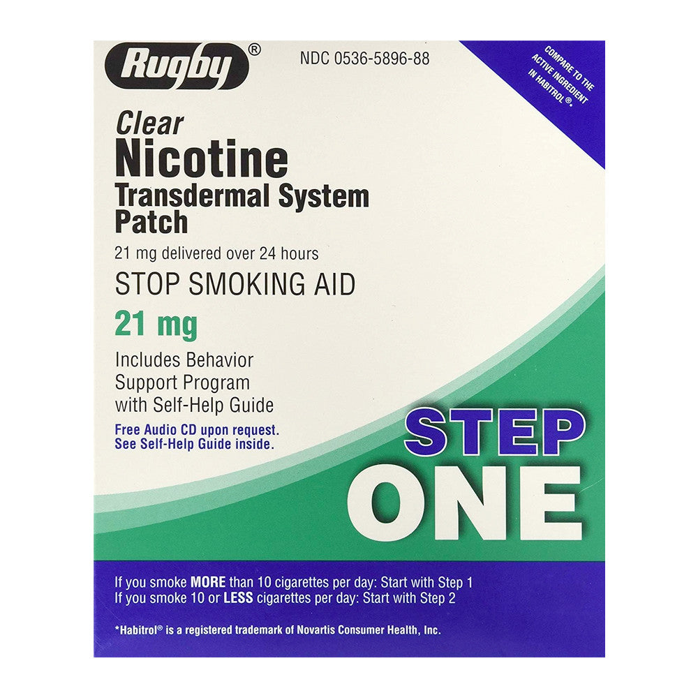 Rugby Step 1 Clear Nicotine Transdermal System 21 mg, Stop Smoking Aid Patches, 7 Ea