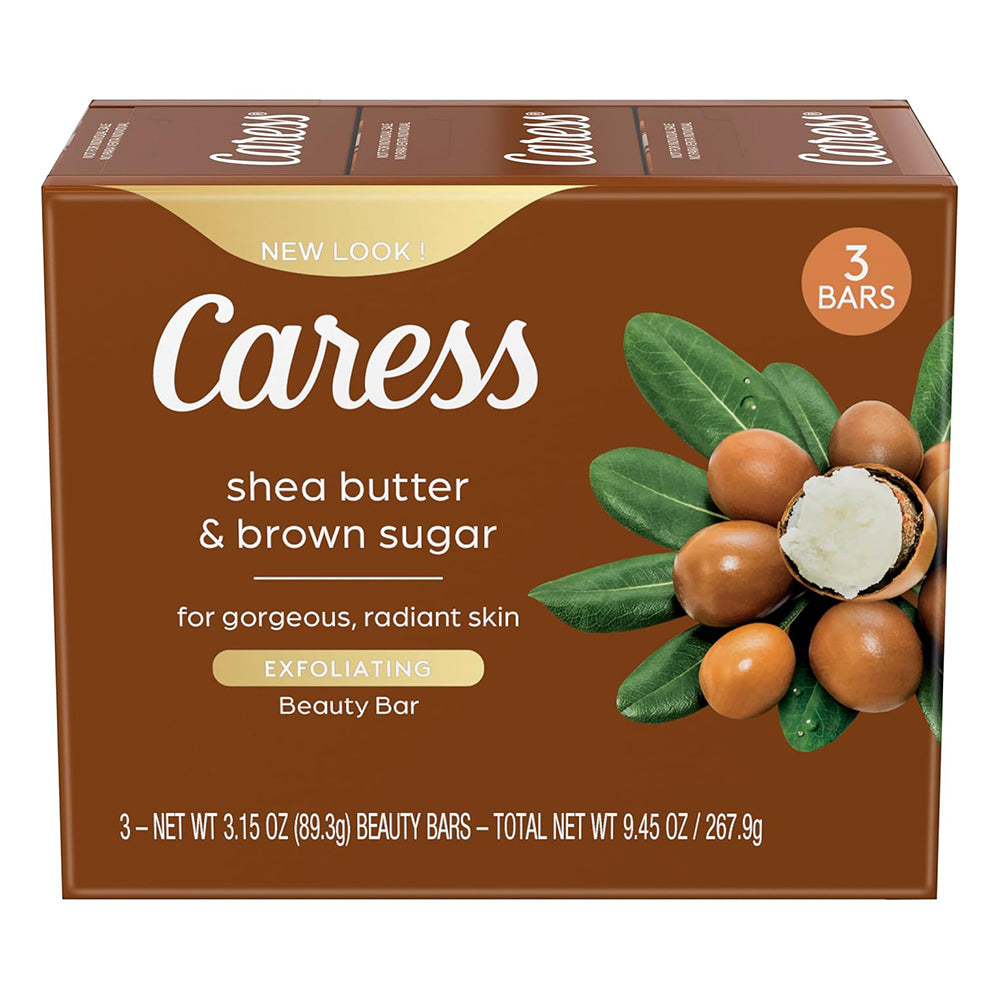 Caress Bar Soap Shea Butter and Brown Sugar Exfoliating Beauty Bar for Radiant Skin 3.15Oz (89.3g), 3Ea