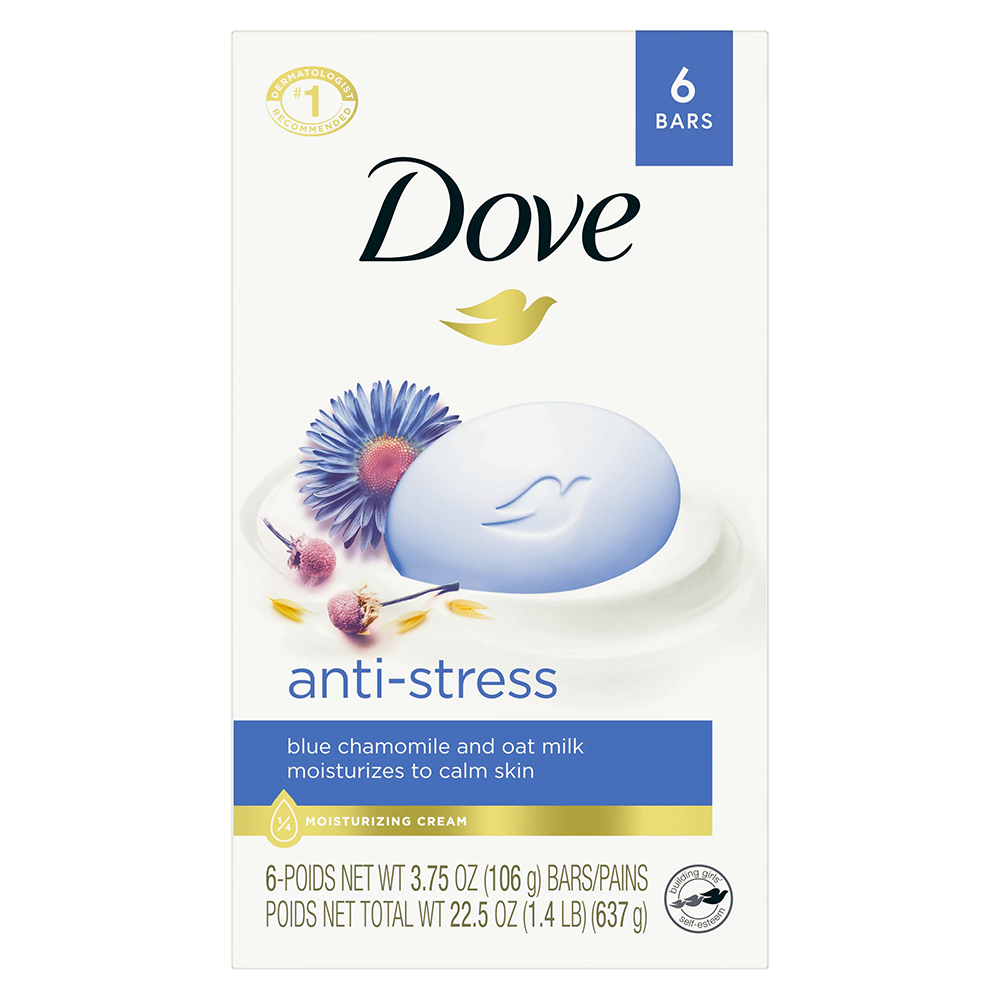 Dove Anti Stress Cream Bath Bars Blue Chamomile and Oat Milk Moisturizing and Calming 3.75Oz (106g) 6Ea