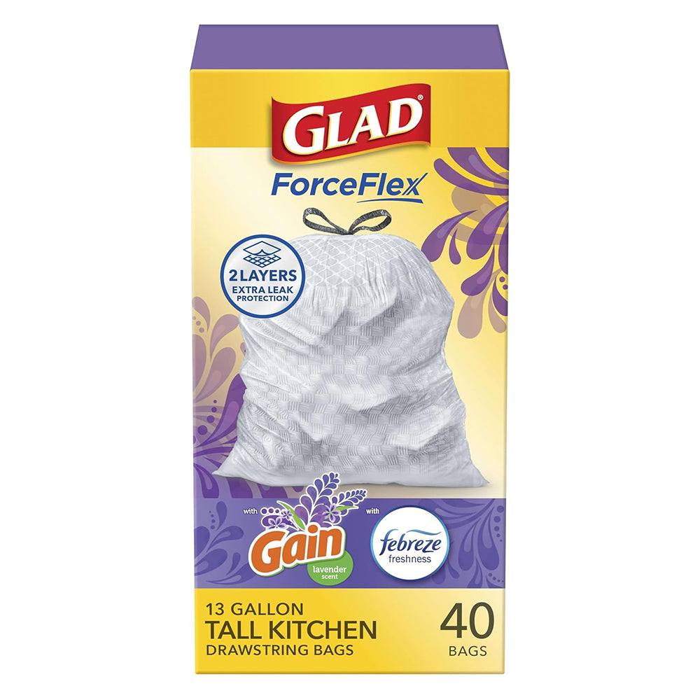 Glad ForceFlex Tall Kitchen Trash Bags 13 Gal with Gain Lavender Scent 40Ea