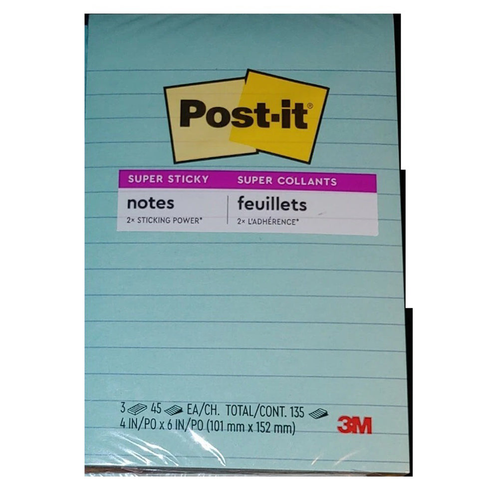 Post it Super Sticky Notes 3 Lined Sticky Note Pads 4 x 6 Inch 45 Sheets Per Pad 1 Ea