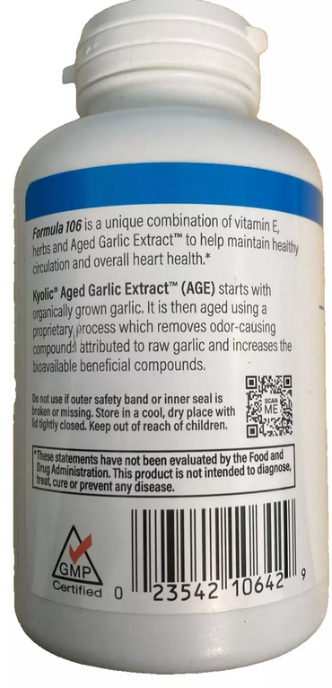 Kyolic Aged Garlic Extract, Circulation Health, Formula 106, Organic Garlic Capsules 200 ea
