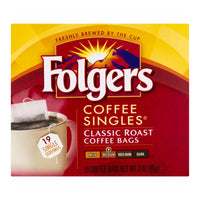 Folgers Coffee Singles, Classic Roast Coffee Bags, 3 Oz
