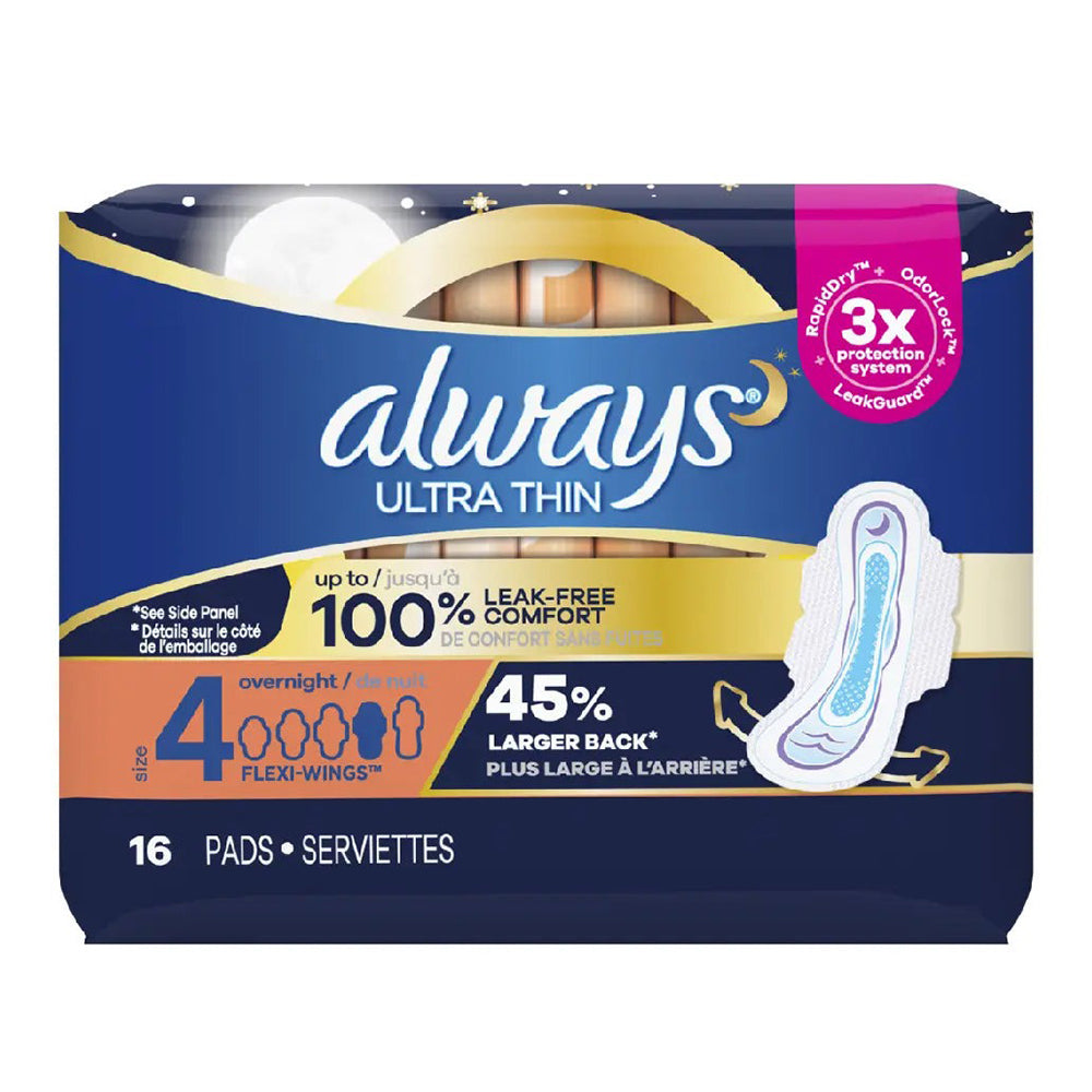 Always Ultra Thin Pads Size 4 Overnight for Nighttime Coverage 16Ea