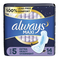 Always Maxi Pads Extra Heavy Overnight Absorbency with Wings, Size 5, 14 Ea