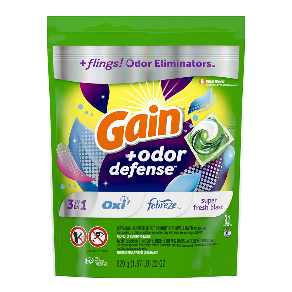 Gain Flings Laundry Detergent Pacs Super Fresh Blast Scent for Odor Defense and Clean Clothes 22Oz (629g) 31Ea
