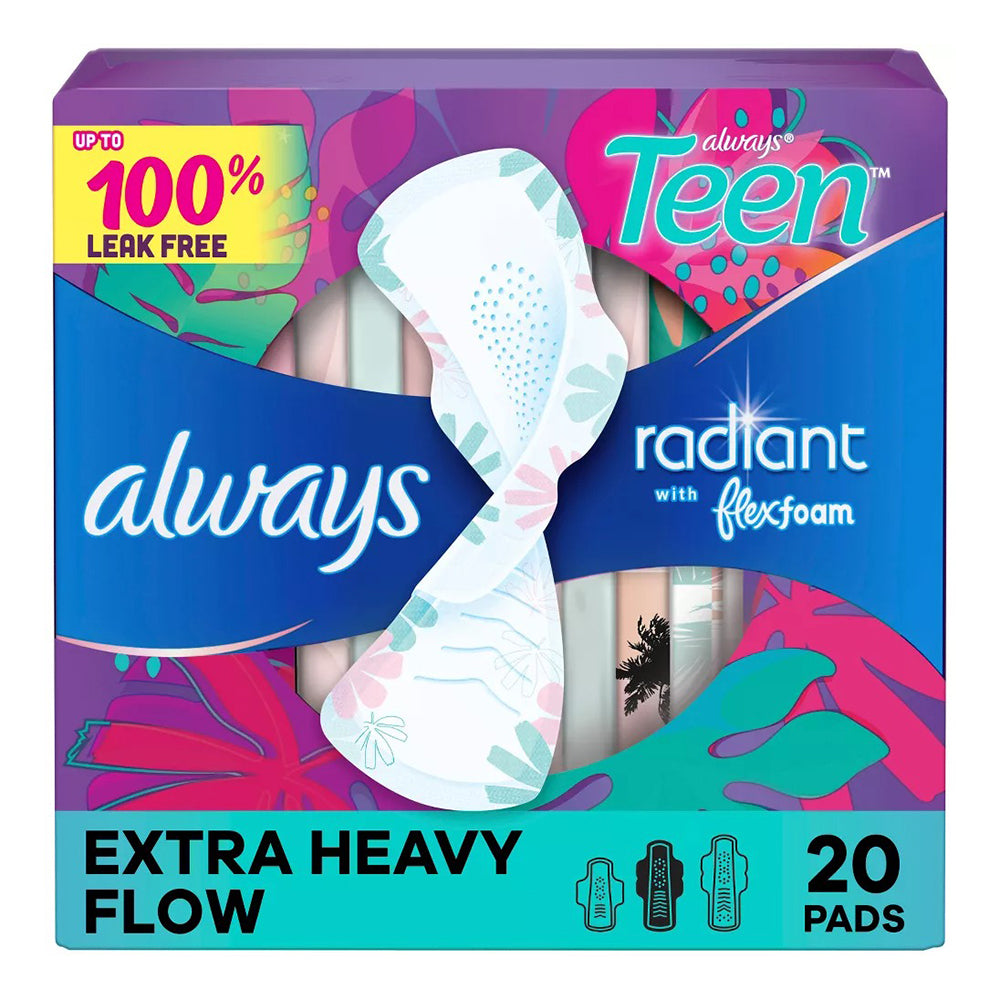 Always Radiant Size 3 Teen Unscented Pads Extra Heavy Flow 20Ea
