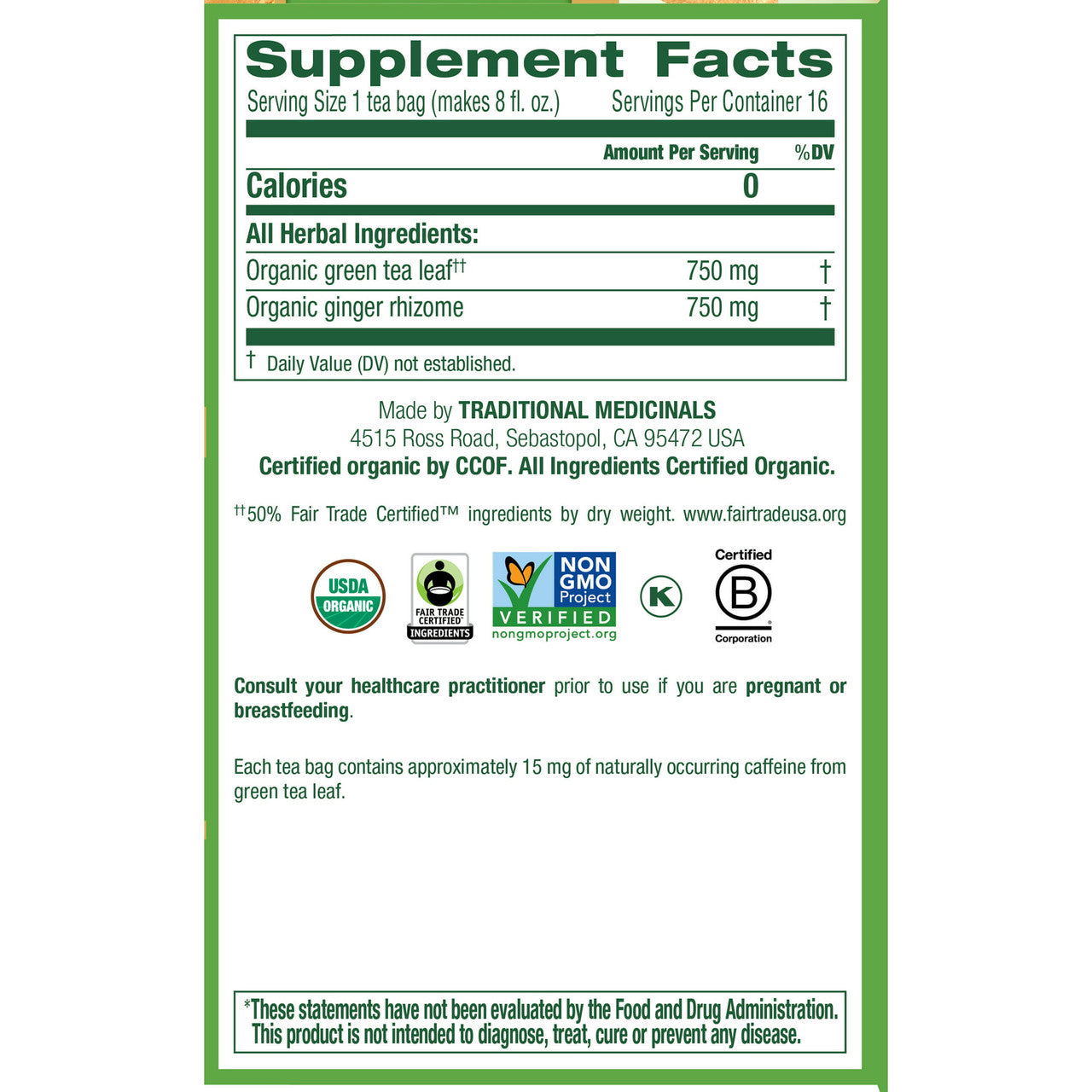 Traditional Medicinals Organic Green Tea With Ginger Herbal Tea Bags, 16 Ea