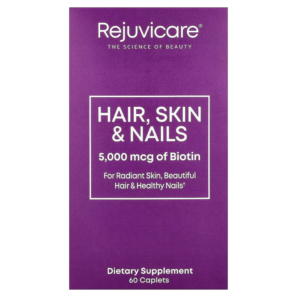 Rejuvicare Hair Skin and Nails 5000mcg of Biotin Caplets for Radiant Skin Promotes Stronger Nails and Reduce Breakage 60Ea