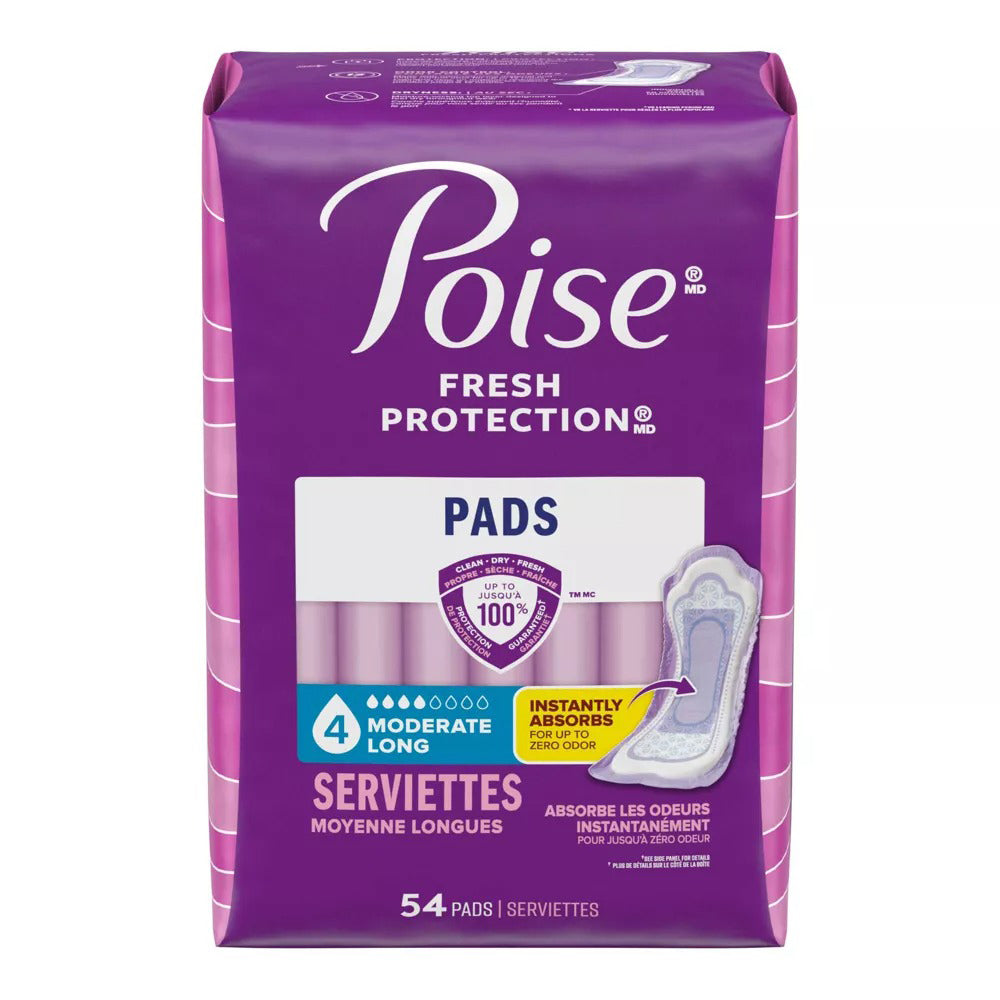 Poise Pads Moderate Absorbency Long Absorbent 54Ea, Pack of 4