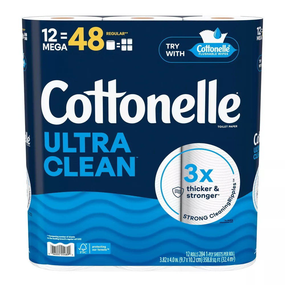 Cottonelle Ultra Clean Strong Toilet Paper Mega Rolls for Gentle Effective Bathroom Care 12Ea