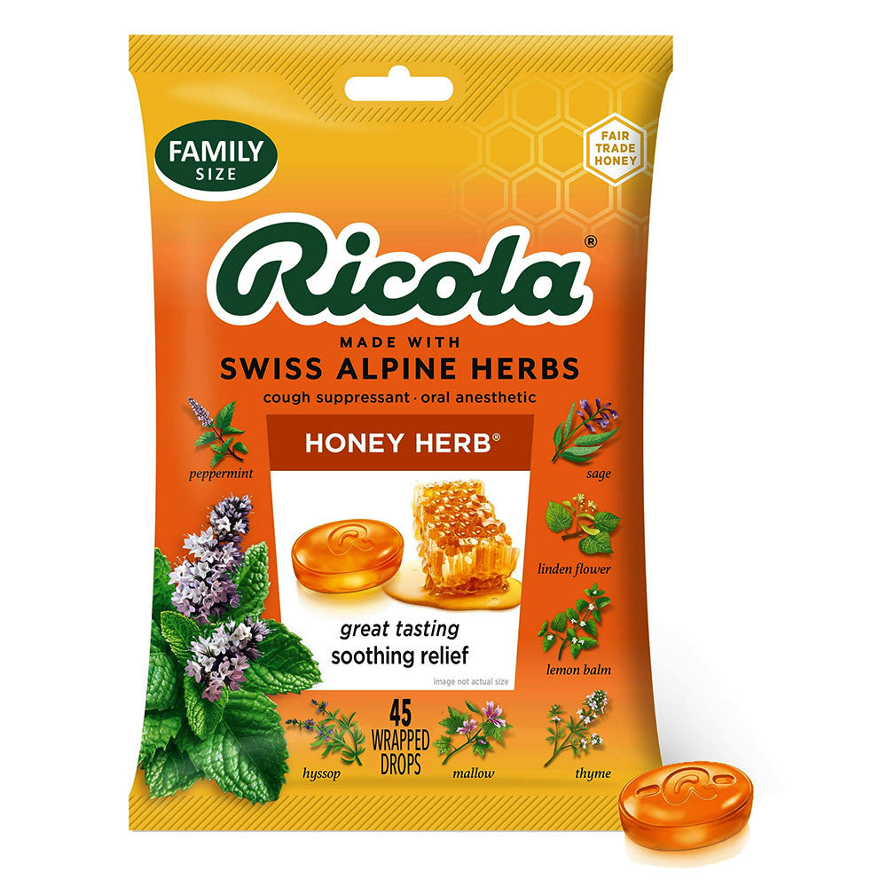 Ricola Honey Herb Soothing Cough Drops, Throat Relief and Cough Suppressant, 45 Ea