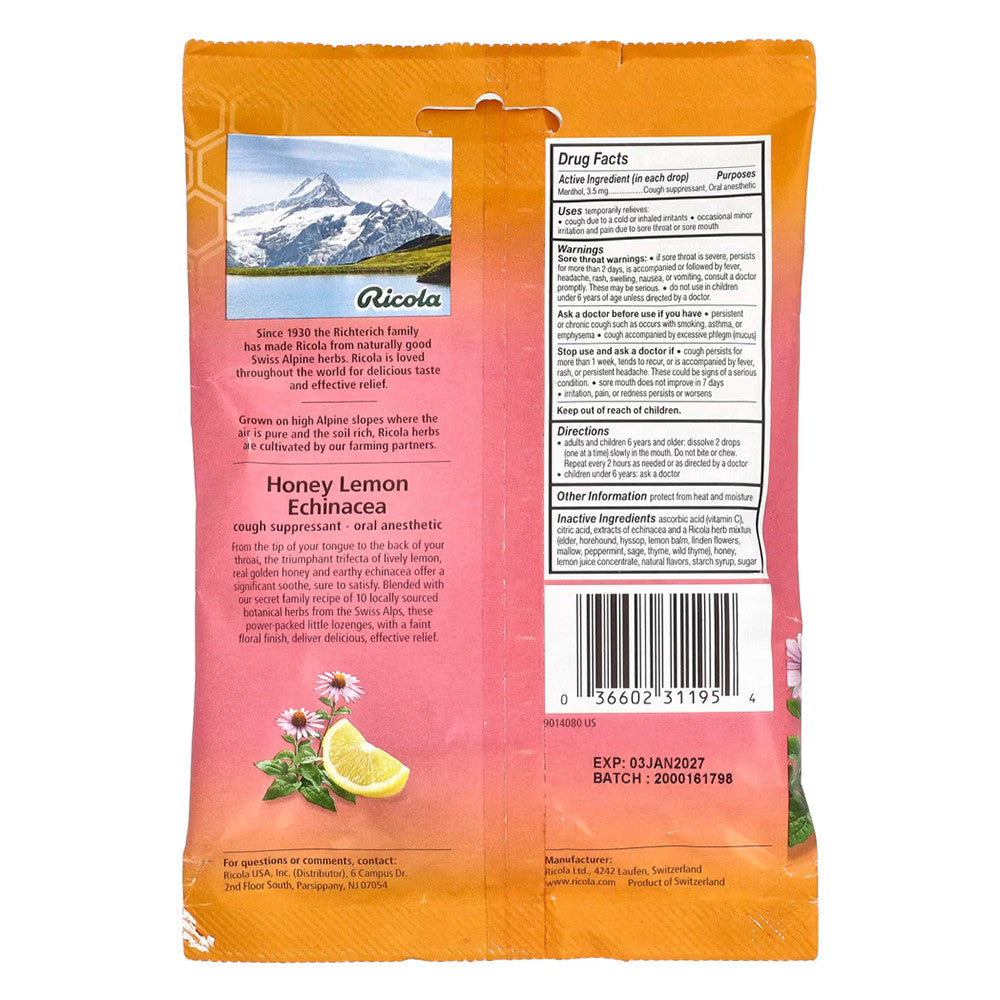 Ricola Honey Lemon with Echinacea Cough Drops, 19 Ea