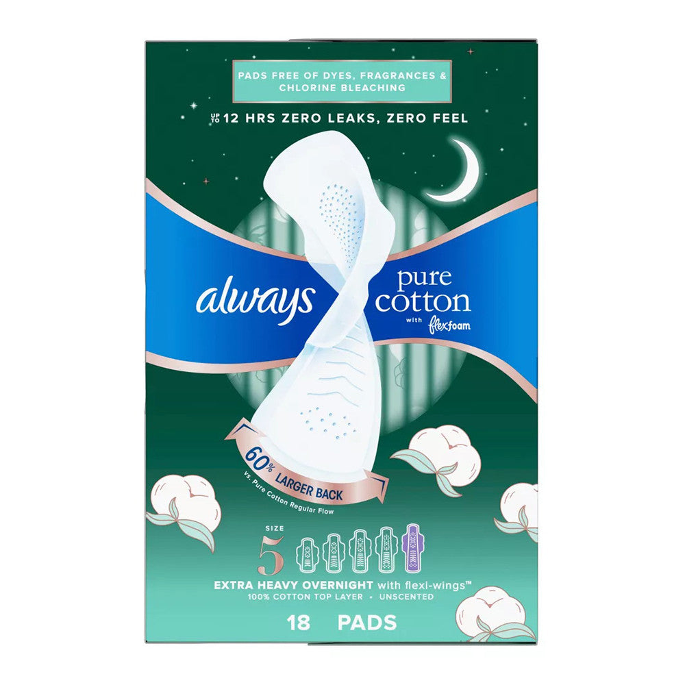 Always Pure Cotton Feminine Pads With WIngs, Extra Heavy Overnight Absorbency, Size 5, 18 Ea