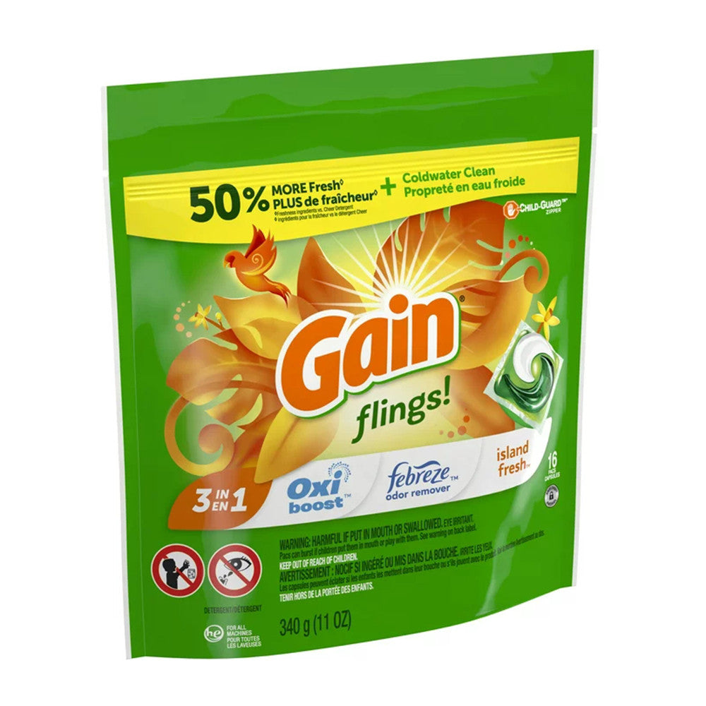Gain Flings Liquid Laundry Detergent Pacs, Island Fresh, 16 Ea