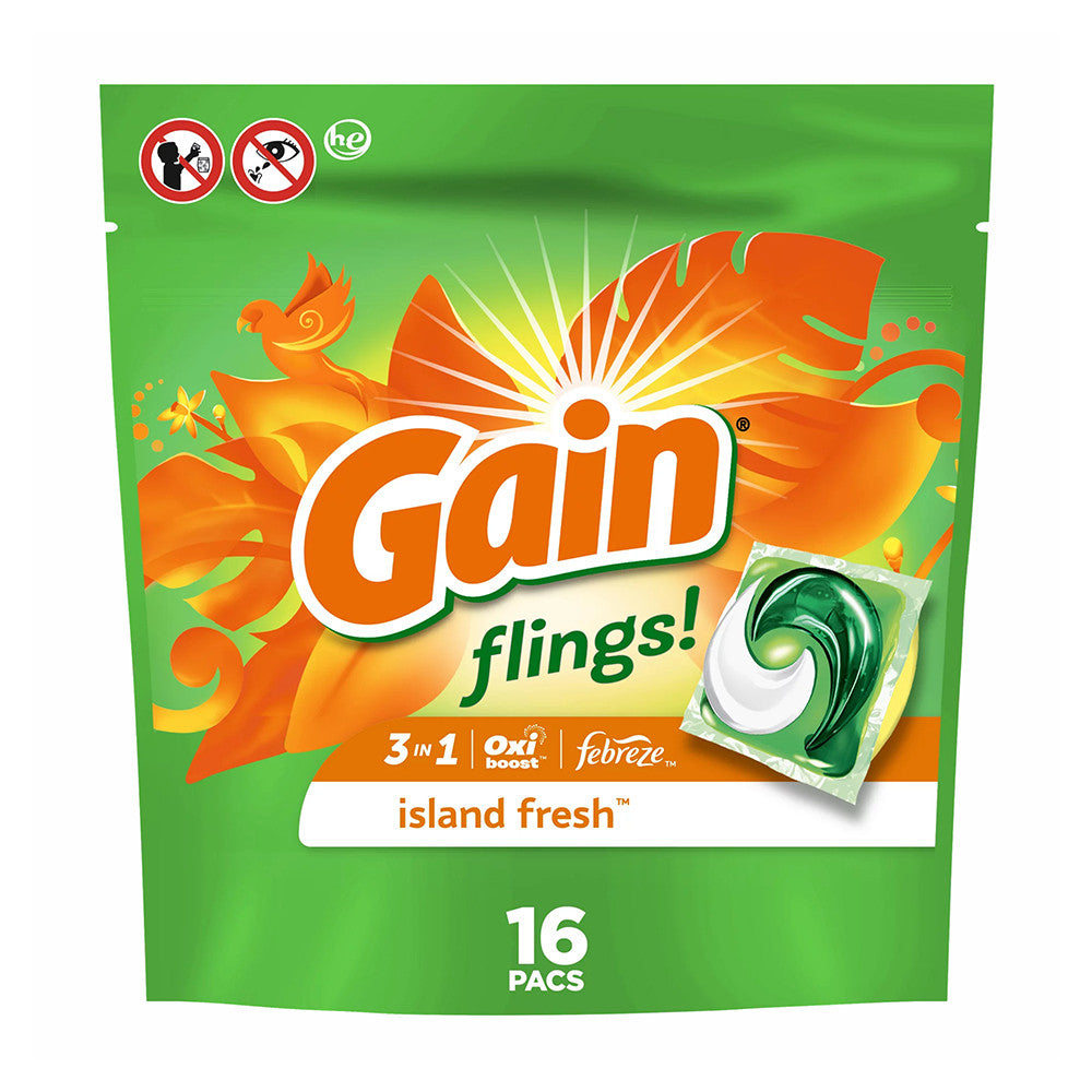 Gain Flings Liquid Laundry Detergent Pacs, Island Fresh, 16 Ea