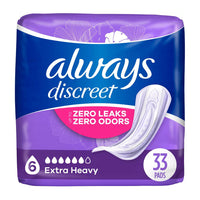 Always Discreet Incontinence Pads For Women and Postpartum Pads, Extra Heavy, 33 Ea