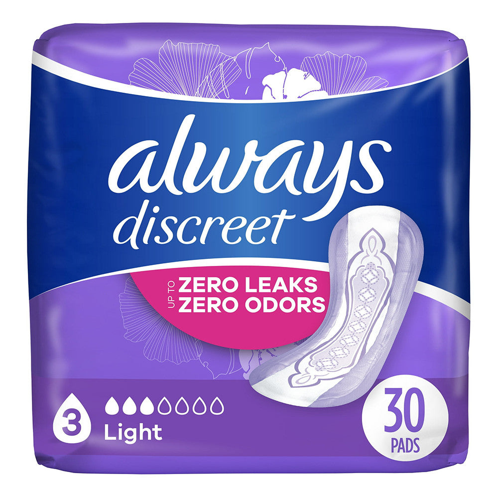 Always Discreet Ultra Thin Incontinence Pads for Women Regular Liners, 30 Ea