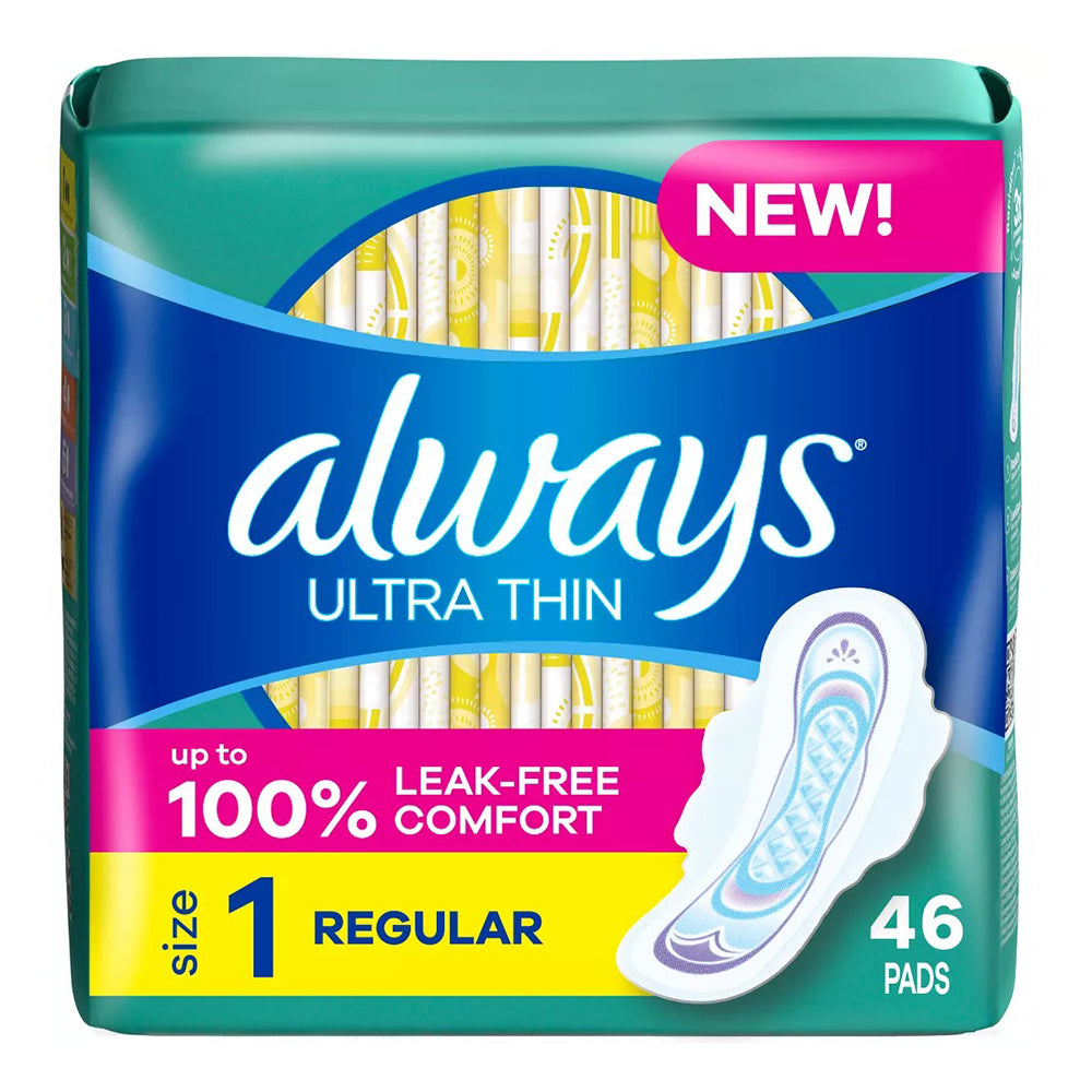 Always Ultra Thin Pads Size 1 Regular for Everyday Comfort 46Ea