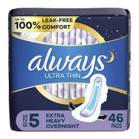 Always Ultra Thin Overnight Pads with Wings, Extra Heavy Overnight Absorbency, Size 5, 46 Ea