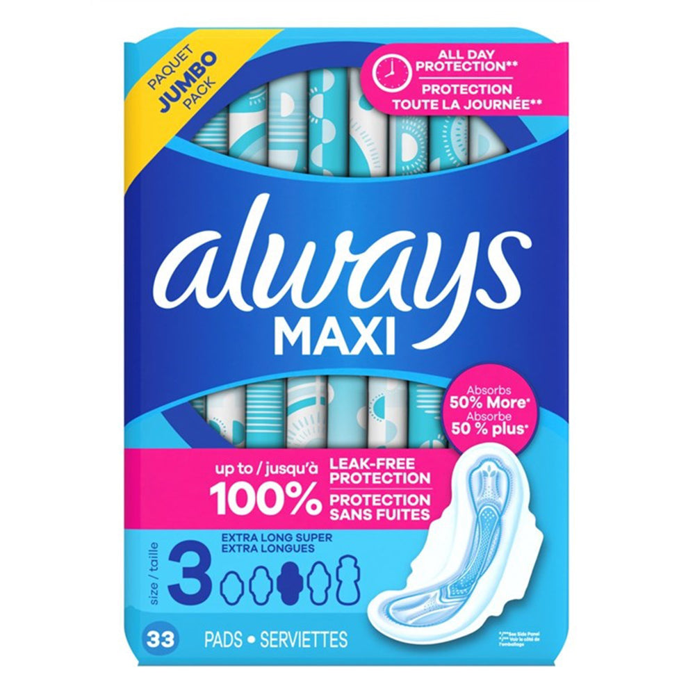 Always Maxi Extra Long Super Size 3 with Flexi Wings Pads All Day Protection 33Ea