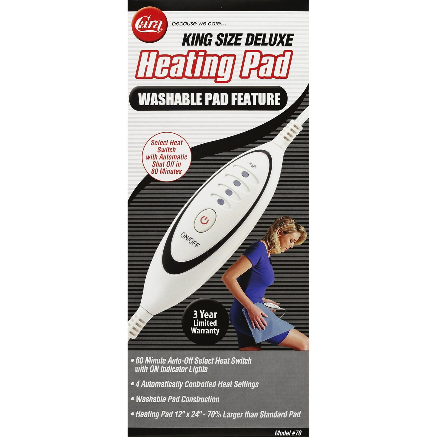 Cara No 70 King Size Deluxe Washable Heating Pad Moist Dry for Soothing Muscle Aches and Stiffness 1Ea