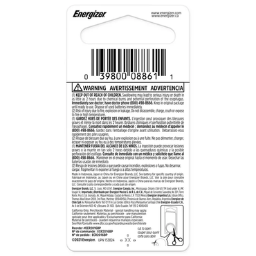 Eveready Energizer Watch Batteries Ecr2016Bp, 3 V, 6 Ea