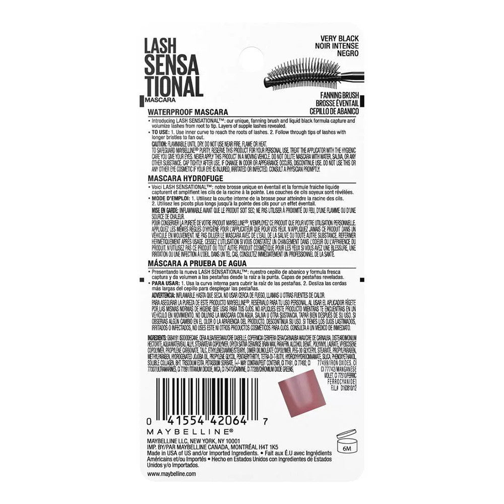 Maybelline Lash Sensational Waterproof Mascara, Very Black, 1 Ea