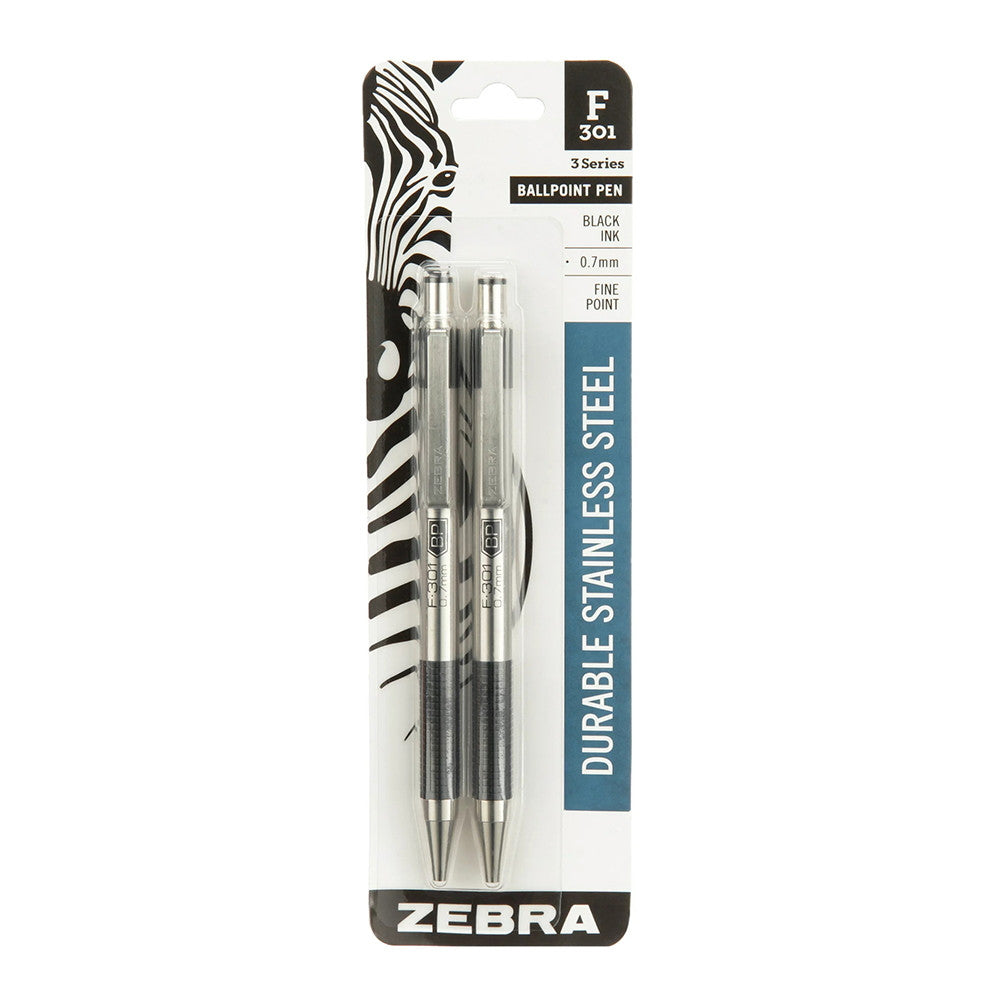 Zebra F-301 Stainless Steel Retractable Ballpoint Pen, Fine Point, 0.7 mm, Black Ink, 2 Ea