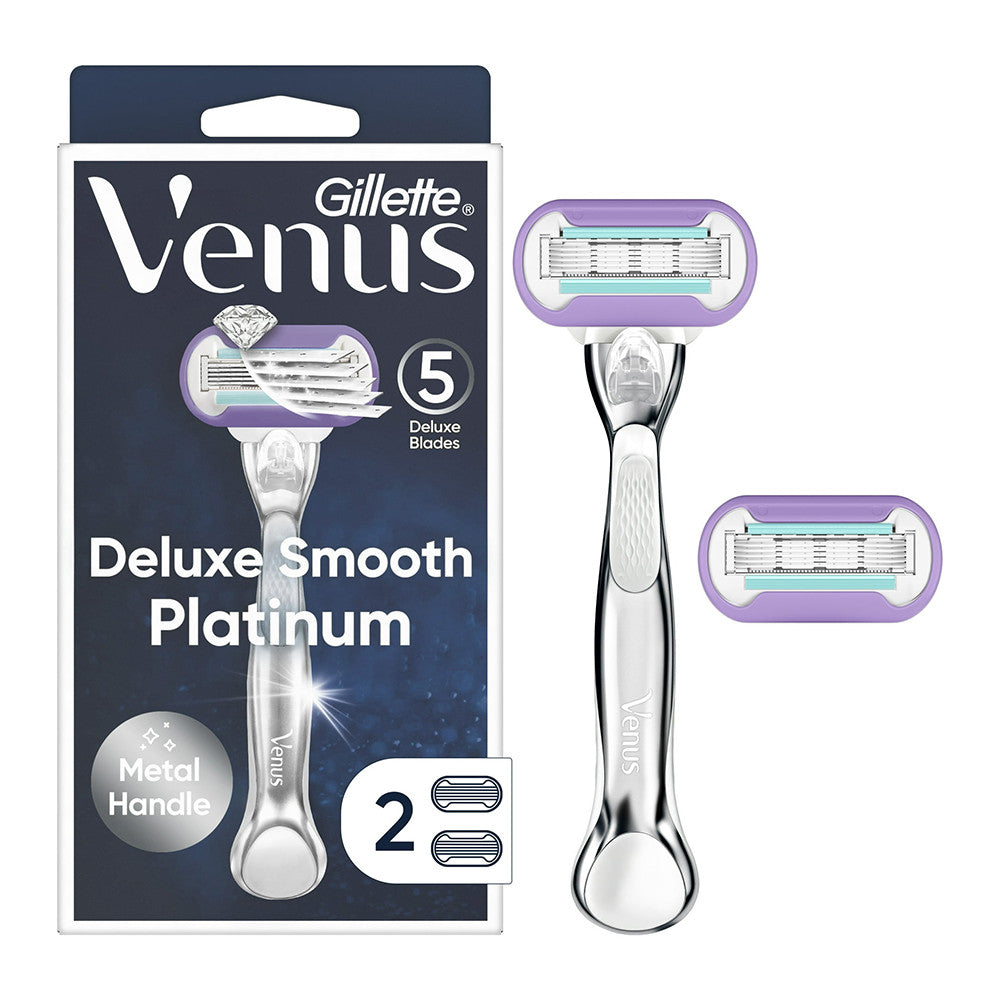 Gillette Venus Deluxe Smooth Platinum Womens Razor and 2 Blade Refills, Silver