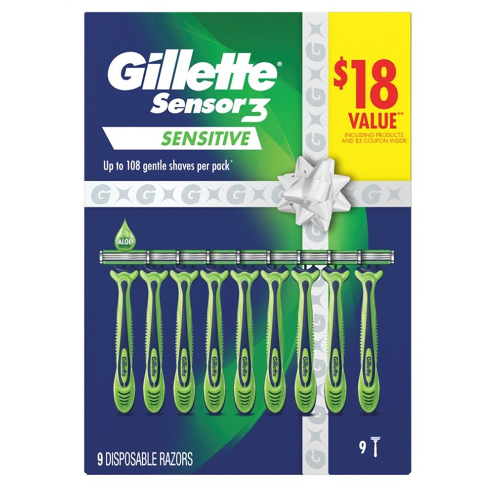 Gillette Mens Sensor3 Disposable Razors Sensitive for Close Comfortable Shave 9Ea