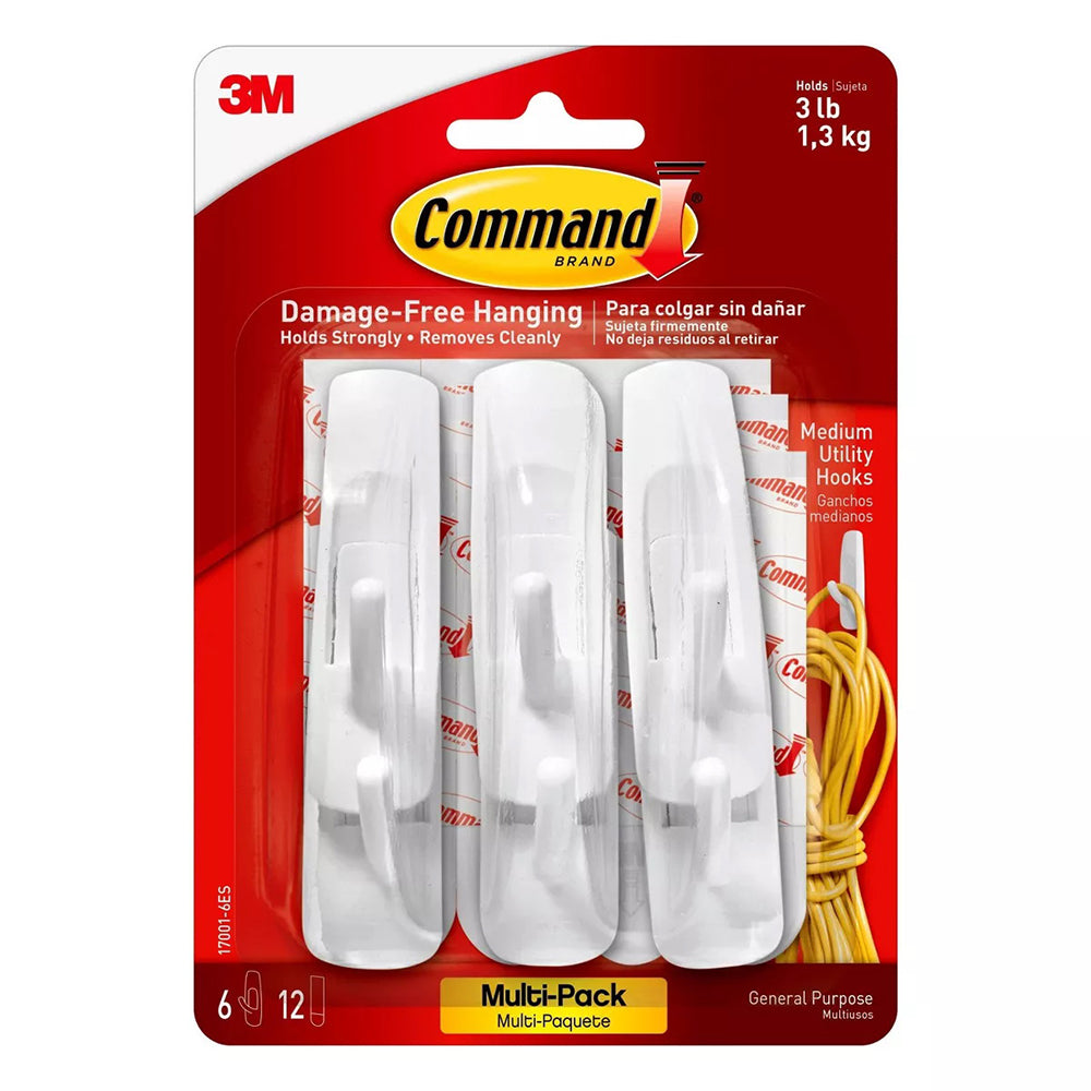 3M Command Damage Free Hanging Medium Utility Hooks 6Ea