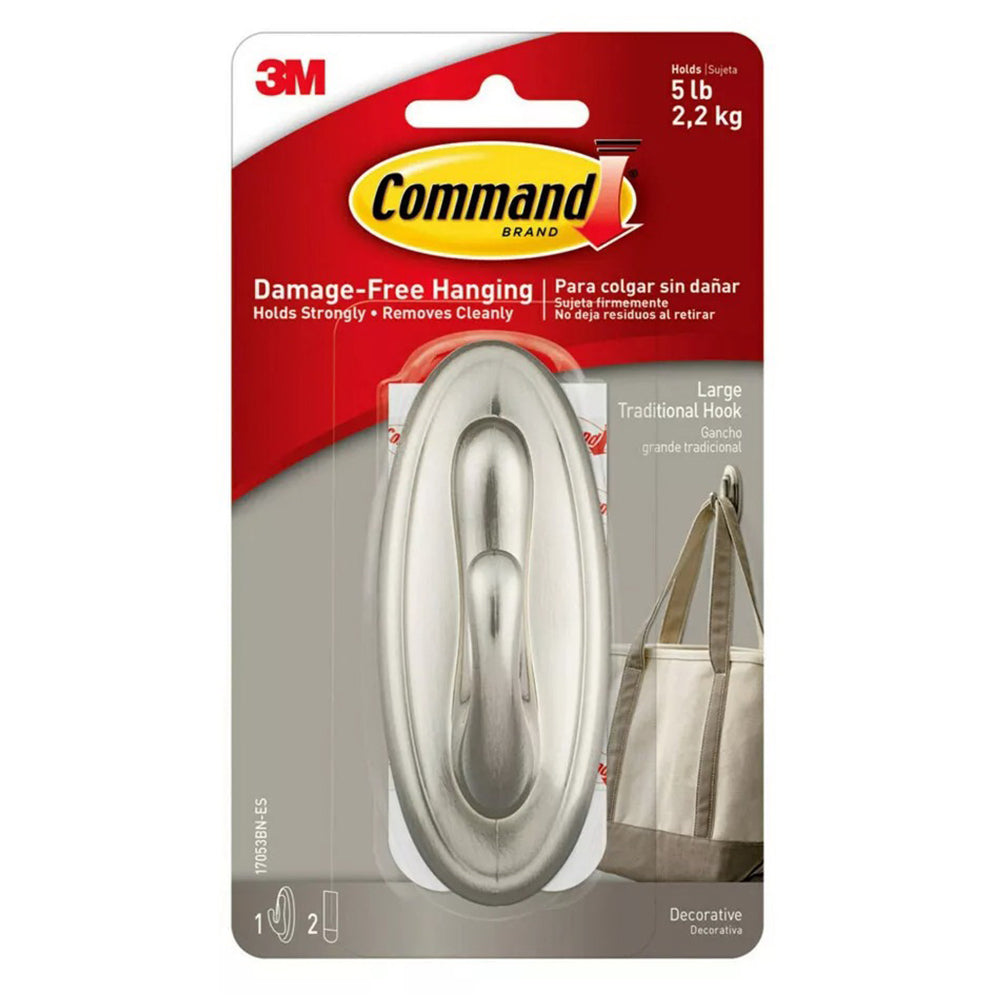 3M Command Large Brushed Nickel Wall Hook Heavy Duty 1Ea