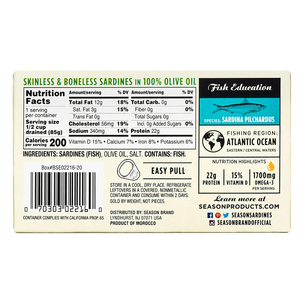 Season Sardines Skinless and Boneless in 100% Olive Oil, 4.375 Oz